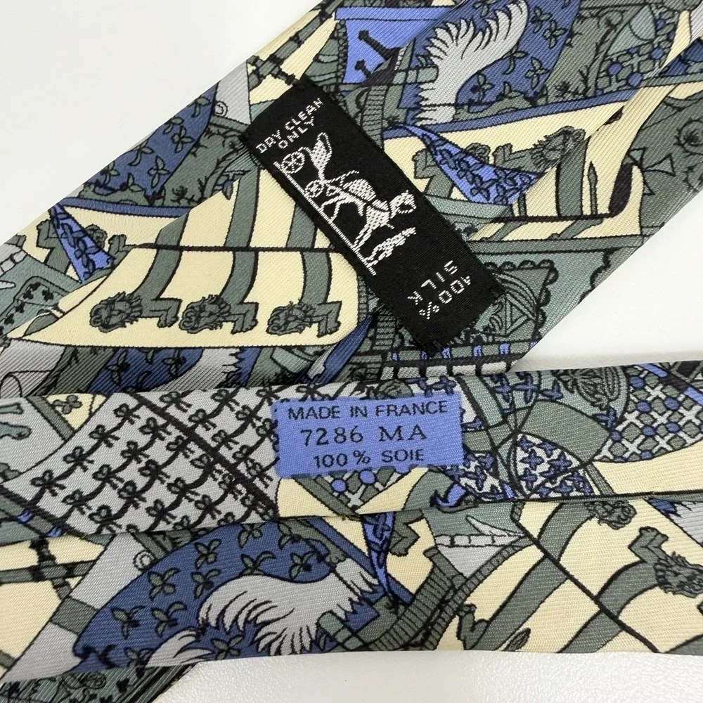 Hermes Scarf Tie Abstract Art Heraldry Blue/Sage/Yellow Silk 7286 MA 3.25